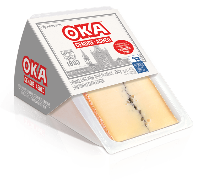 OKA Ashed Cheese 350 grams wedge packaging OKA Ashed Cheese 350 grams wedge packaging