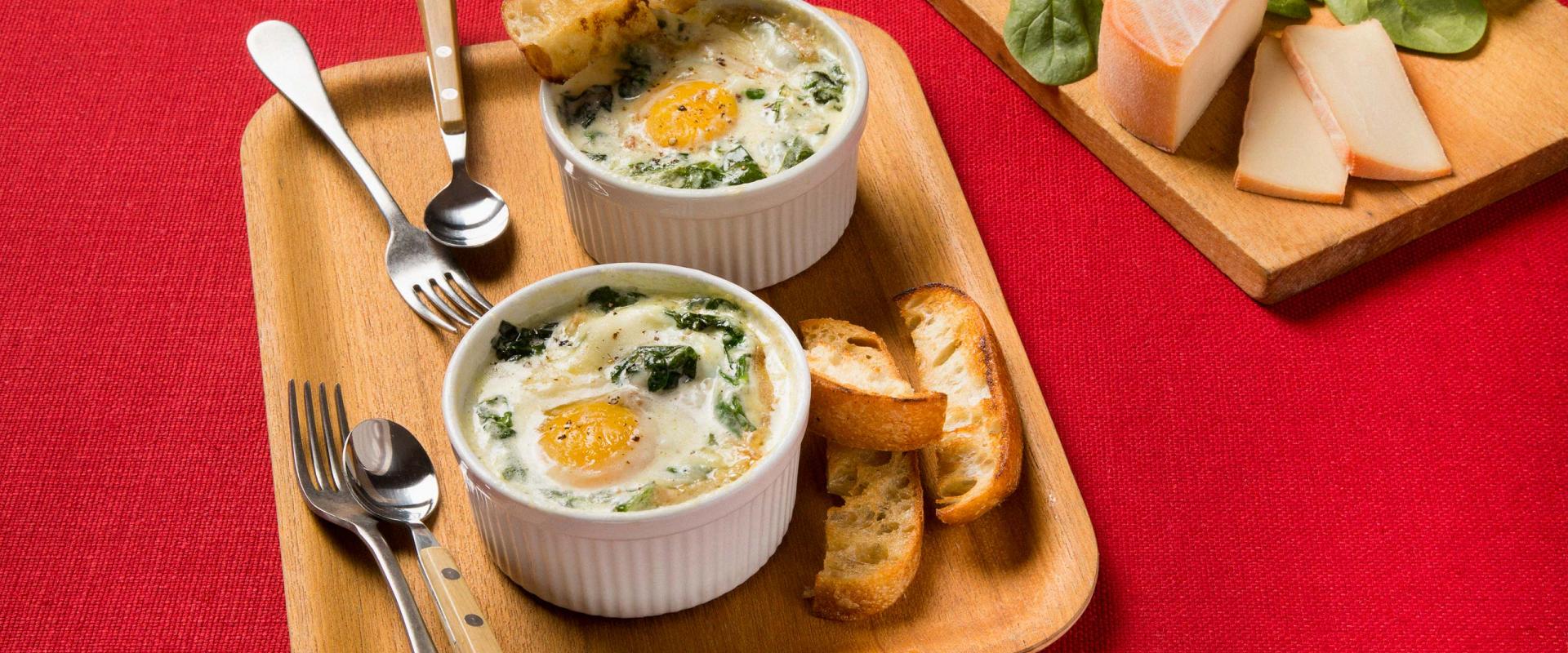 Coddled eggs, spinach and OKA cheese casserole